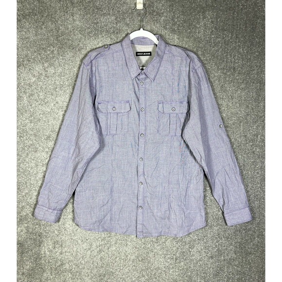 DKNY Purple Button Up Shirt Mens Size‎ Large Roll Tab Long Sleeve Chest Pockets - Picture 1 of 15